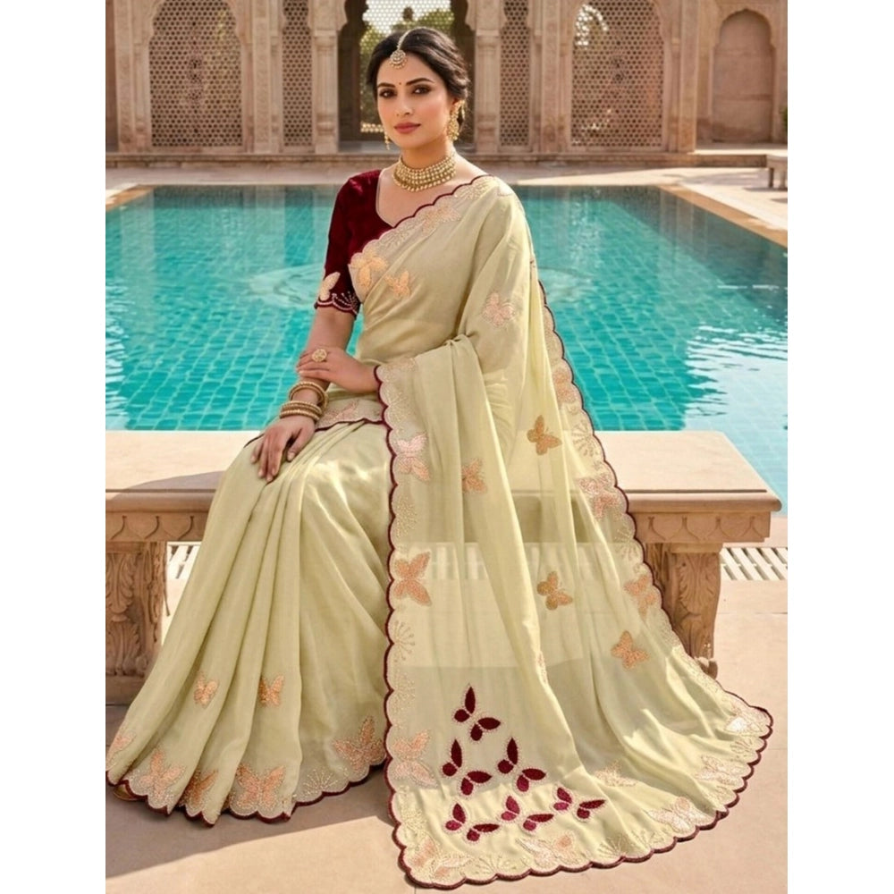 Snuggle Spot Women's Star Georgette Embellished Saree With Unstitched Blouse 5.5Mtr (Beige-Maroon)