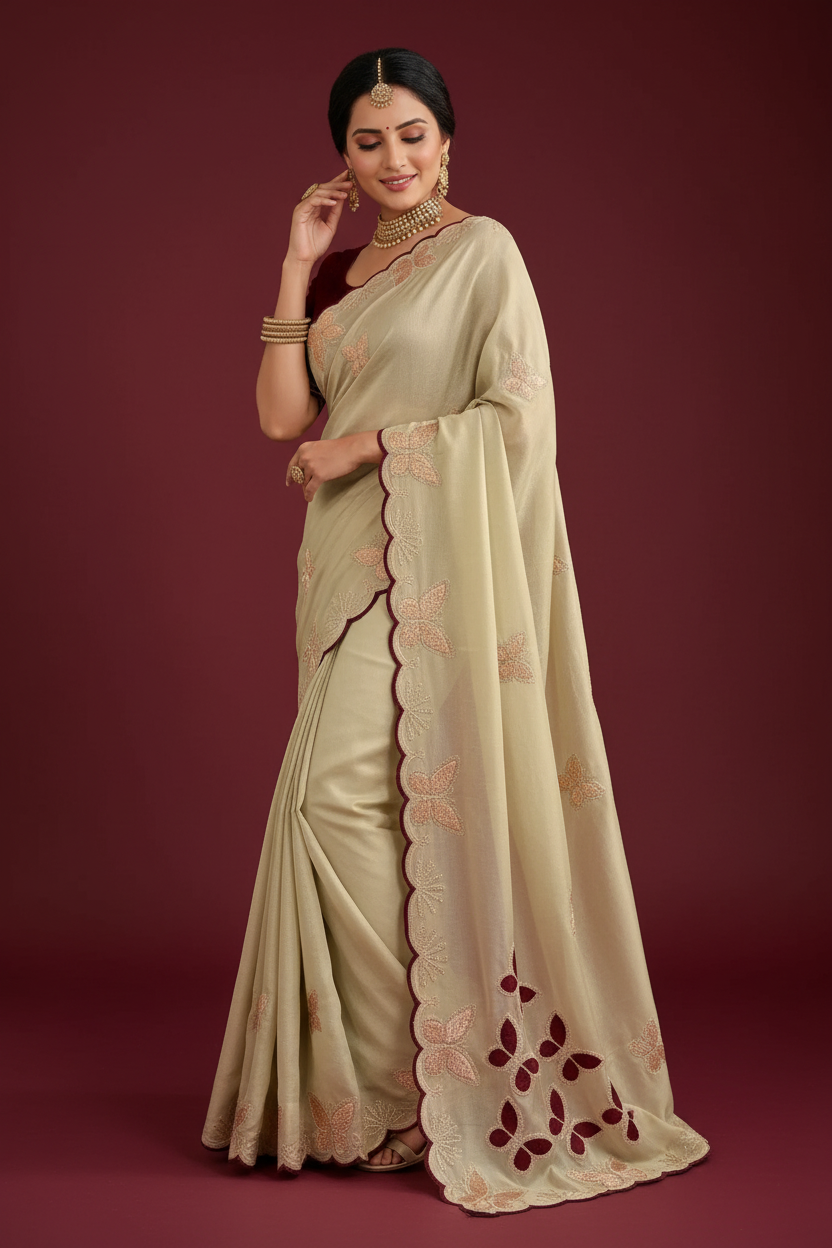 Snuggle Spot Women's Star Georgette Embellished Saree With Unstitched Blouse 5.5Mtr (Beige-Maroon)