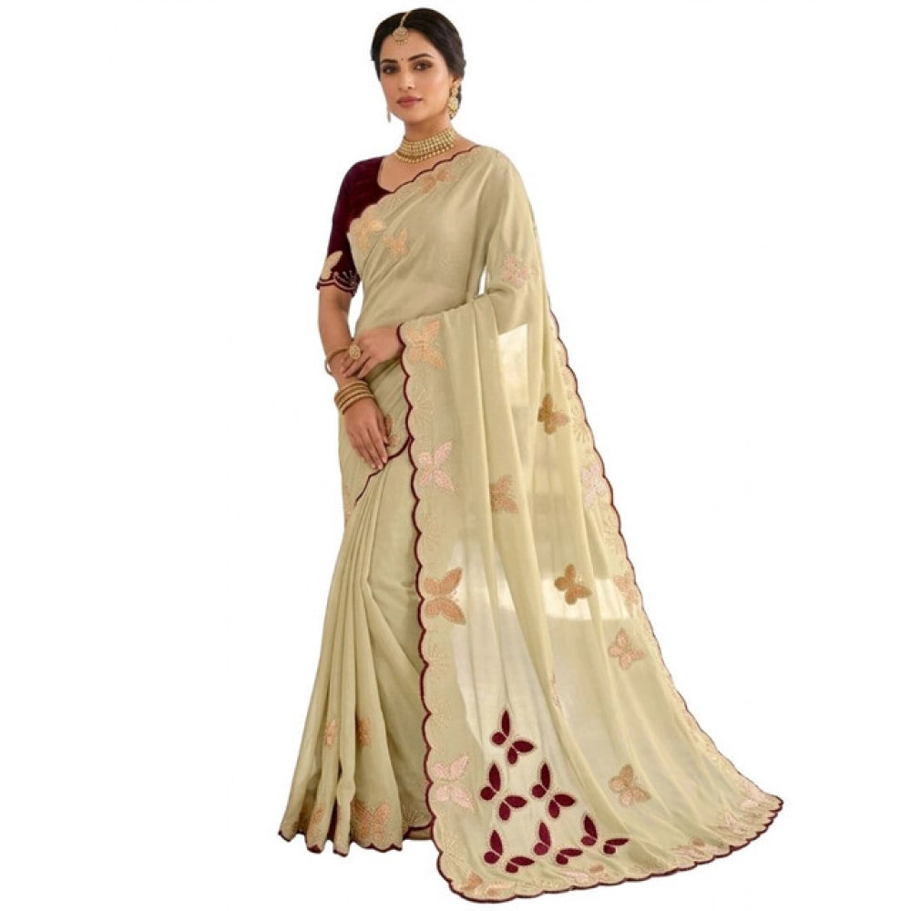 Snuggle Spot Women's Star Georgette Embellished Saree With Unstitched Blouse 5.5Mtr (Beige-Maroon)