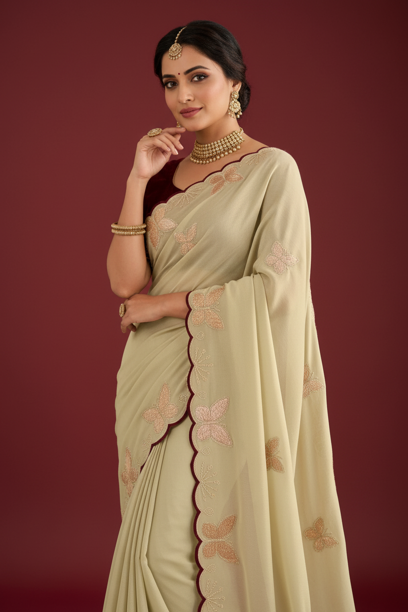 Snuggle Spot Women's Star Georgette Embellished Saree With Unstitched Blouse 5.5Mtr (Beige-Maroon)