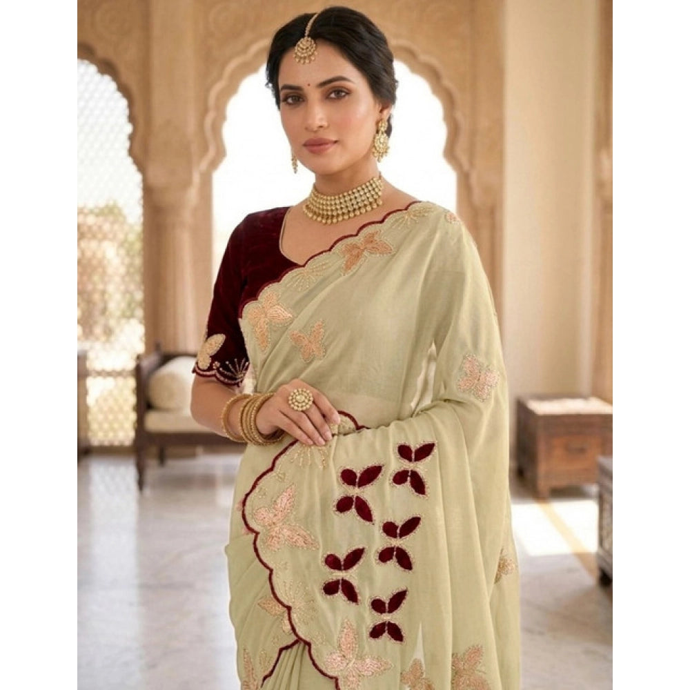 Snuggle Spot Women's Star Georgette Embellished Saree With Unstitched Blouse 5.5Mtr (Beige-Maroon)
