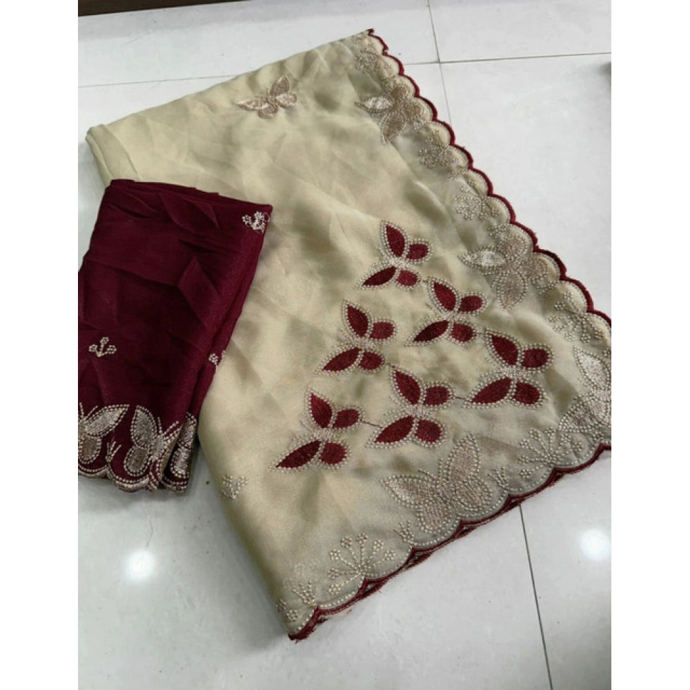 Snuggle Spot Women's Star Georgette Embellished Saree With Unstitched Blouse 5.5Mtr (Beige-Maroon)