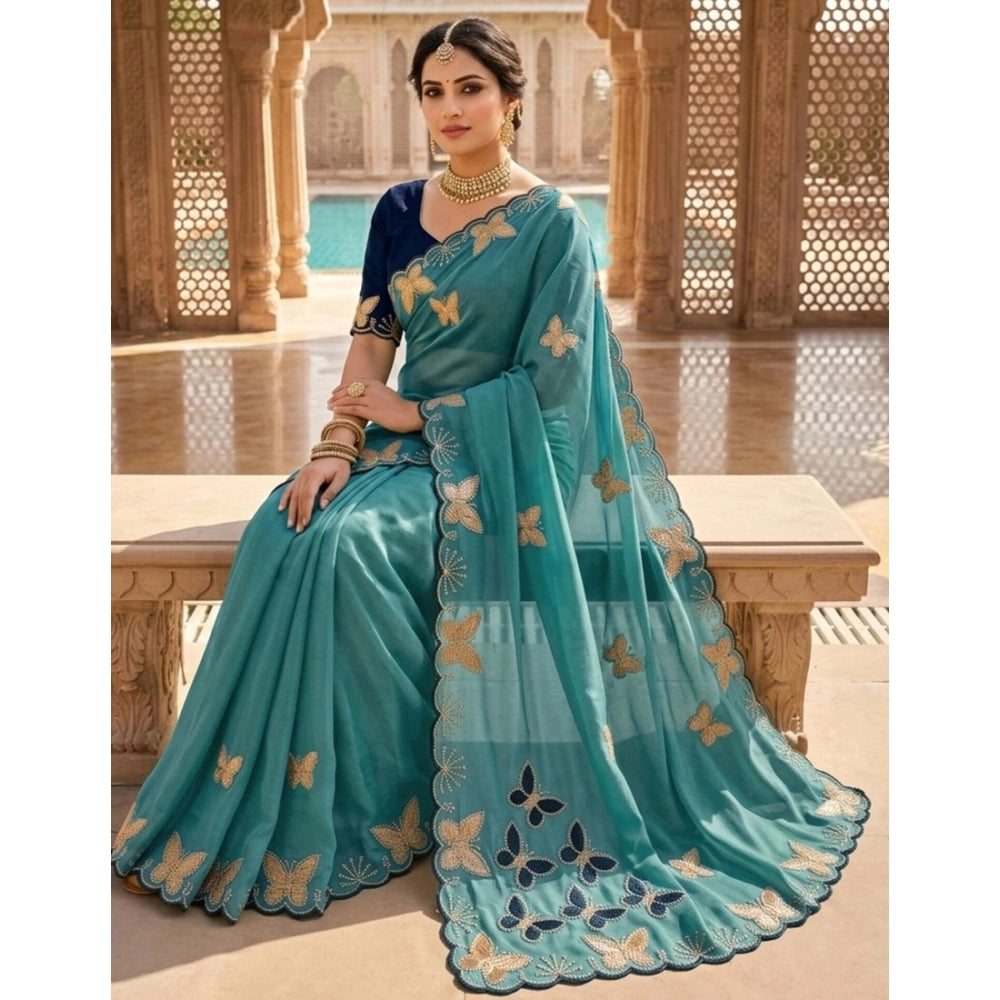 Snuggle Spot Women's Star Georgette Embellished Saree With Unstitched Blouse 5.5Mtr (Blue)