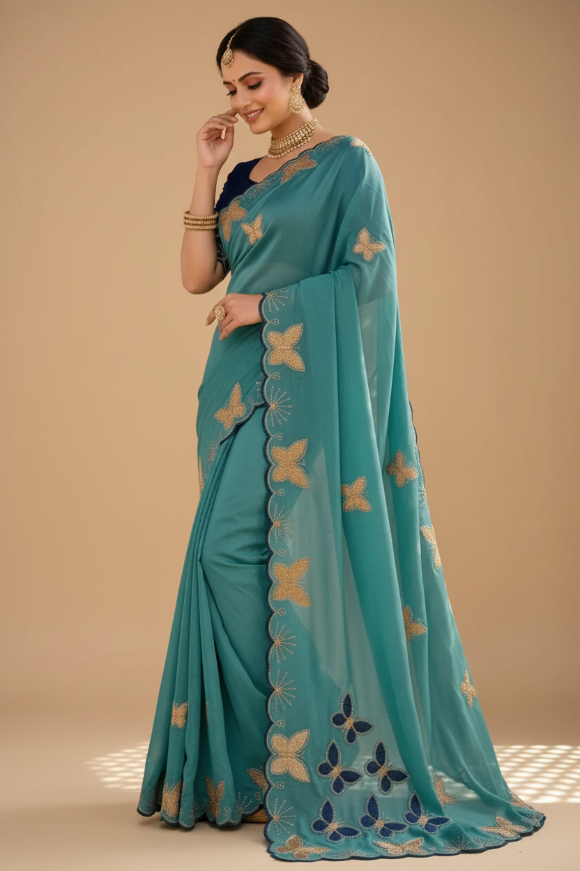 Snuggle Spot Women's Star Georgette Embellished Saree With Unstitched Blouse 5.5Mtr (Blue)