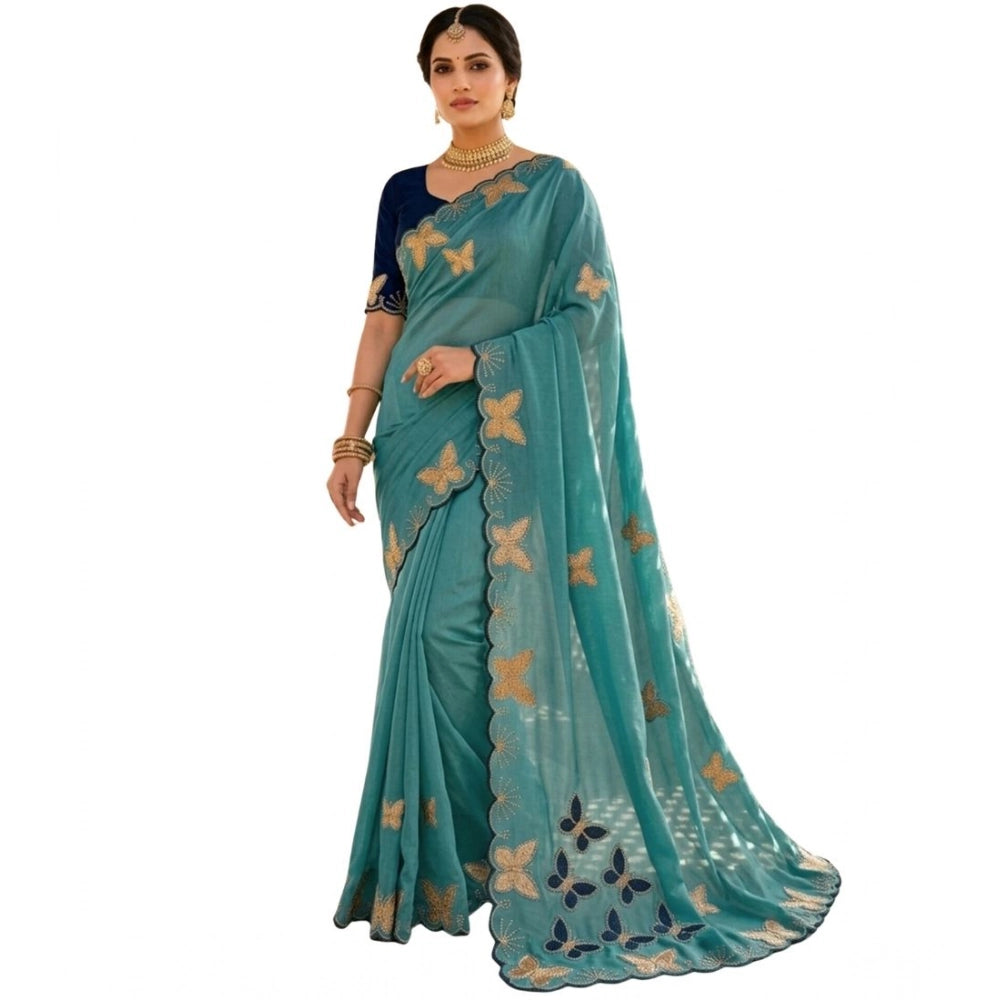 Snuggle Spot Women's Star Georgette Embellished Saree With Unstitched Blouse 5.5Mtr (Blue)