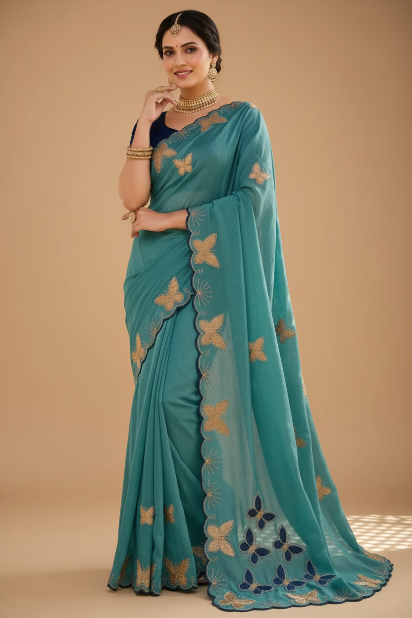 Snuggle Spot Women's Star Georgette Embellished Saree With Unstitched Blouse 5.5Mtr (Blue)