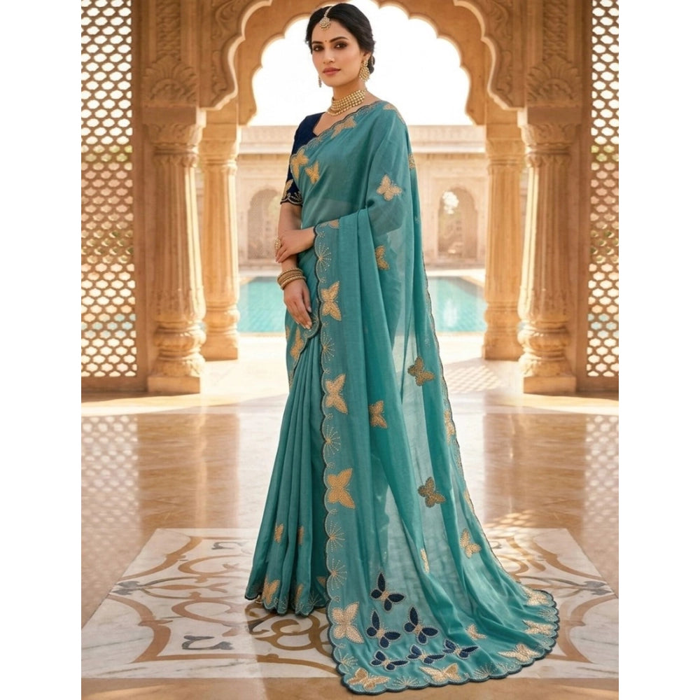 Snuggle Spot Women's Star Georgette Embellished Saree With Unstitched Blouse 5.5Mtr (Blue)
