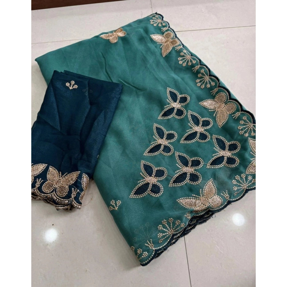 Snuggle Spot Women's Star Georgette Embellished Saree With Unstitched Blouse 5.5Mtr (Blue)