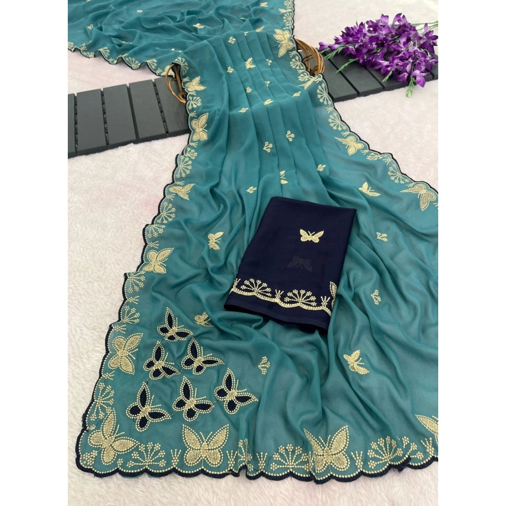 Snuggle Spot Women's Star Georgette Embellished Saree With Unstitched Blouse 5.5Mtr (Blue)