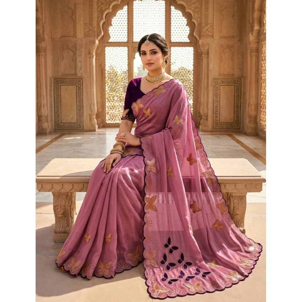 Snuggle Spot Women's Star Georgette Embellished Saree With Unstitched Blouse 5.5Mtr (Dusty Purple-Blue)