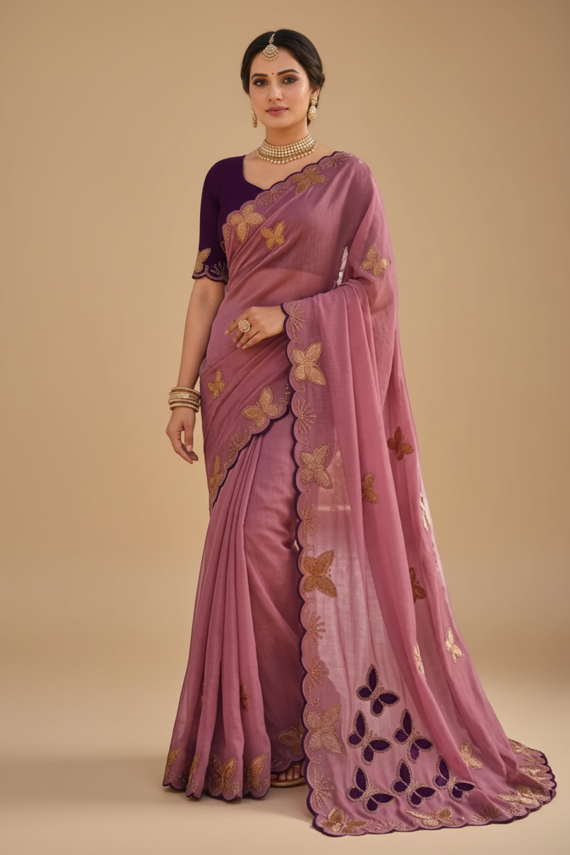 Snuggle Spot Women's Star Georgette Embellished Saree With Unstitched Blouse 5.5Mtr (Dusty Purple-Blue)