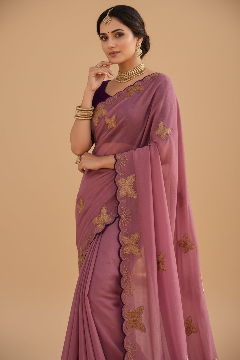 Snuggle Spot Women's Star Georgette Embellished Saree With Unstitched Blouse 5.5Mtr (Dusty Purple-Blue)