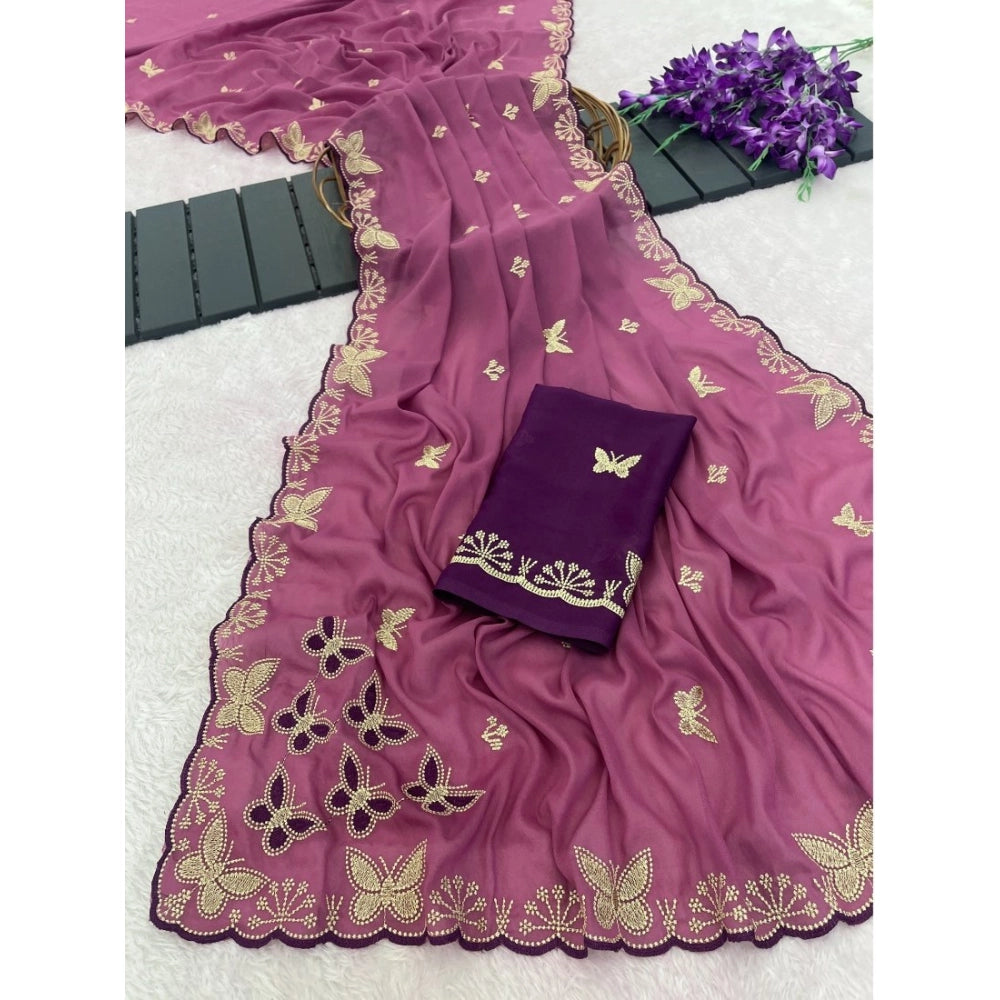 Snuggle Spot Women's Star Georgette Embellished Saree With Unstitched Blouse 5.5Mtr (Dusty Purple-Blue)