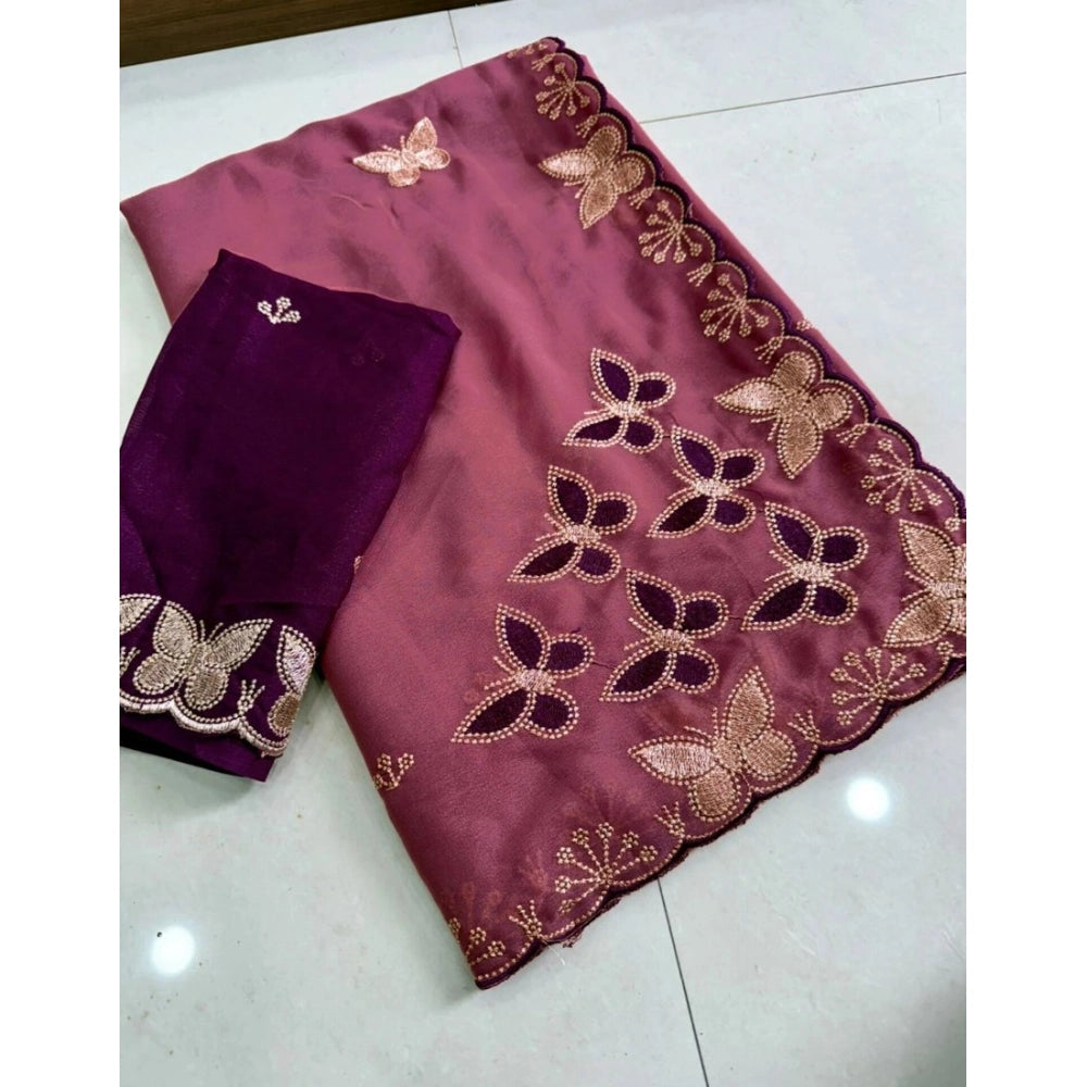 Snuggle Spot Women's Star Georgette Embellished Saree With Unstitched Blouse 5.5Mtr (Dusty Purple-Blue)