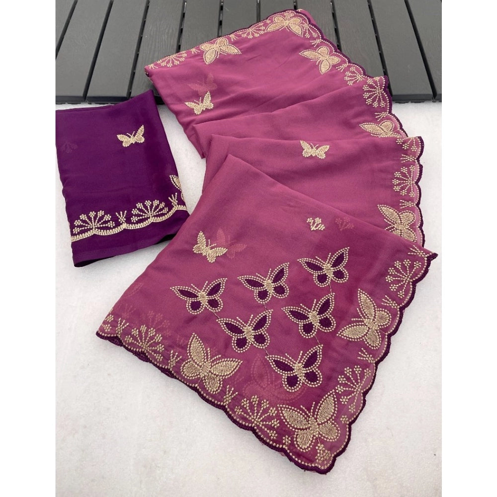 Snuggle Spot Women's Star Georgette Embellished Saree With Unstitched Blouse 5.5Mtr (Dusty Purple-Blue)