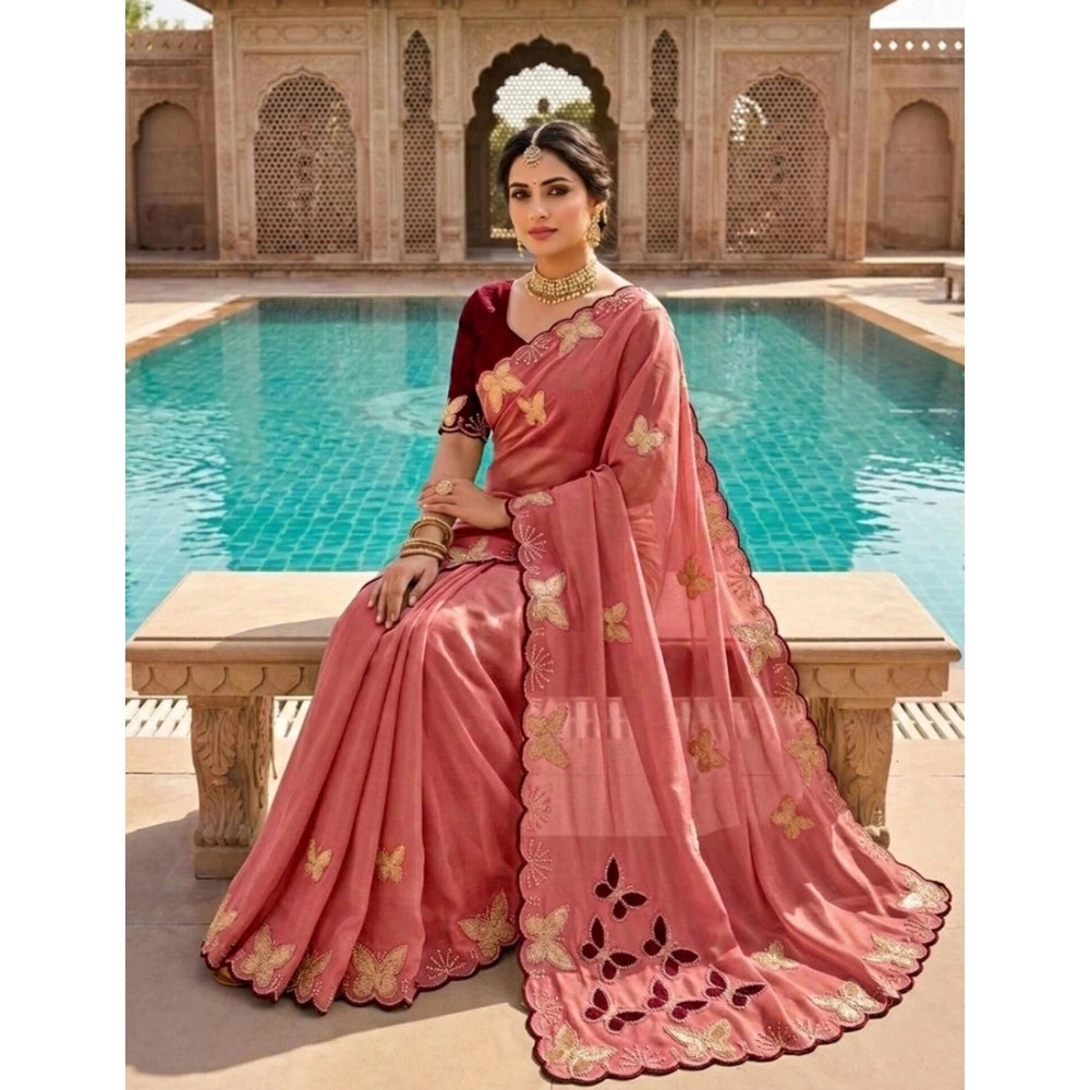 Snuggle Spot Women's Star Georgette Embellished Saree With Unstitched Blouse 5.5Mtr (Dusty Coral-Maroon)