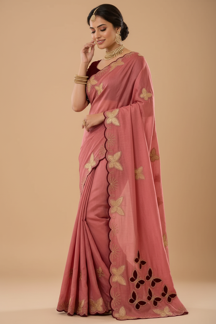 Snuggle Spot Women's Star Georgette Embellished Saree With Unstitched Blouse 5.5Mtr (Dusty Coral-Maroon)