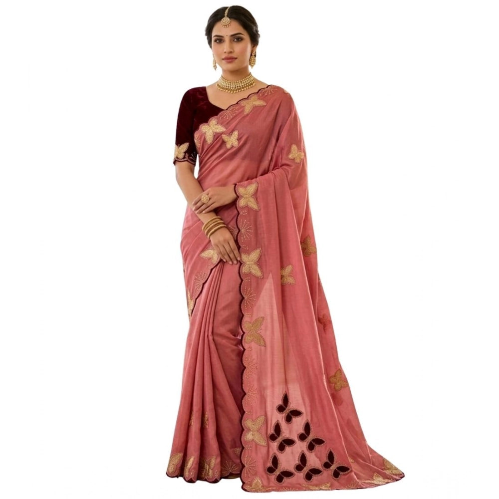 Snuggle Spot Women's Star Georgette Embellished Saree With Unstitched Blouse 5.5Mtr (Dusty Coral-Maroon)