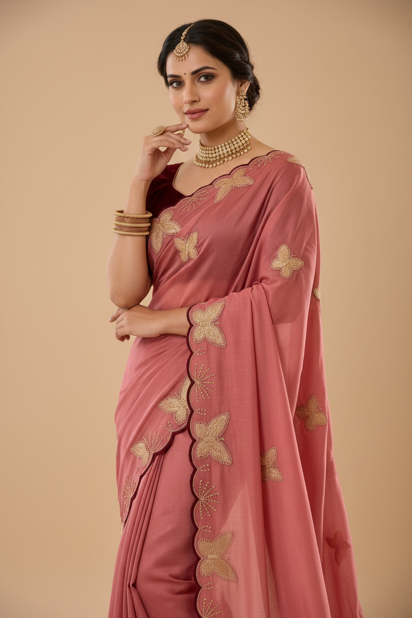 Snuggle Spot Women's Star Georgette Embellished Saree With Unstitched Blouse 5.5Mtr (Dusty Coral-Maroon)