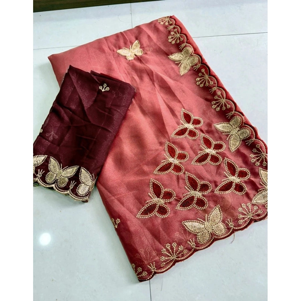 Snuggle Spot Women's Star Georgette Embellished Saree With Unstitched Blouse 5.5Mtr (Dusty Coral-Maroon)