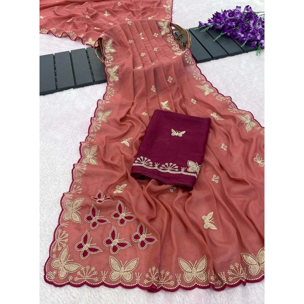 Snuggle Spot Women's Star Georgette Embellished Saree With Unstitched Blouse 5.5Mtr (Dusty Coral-Maroon)