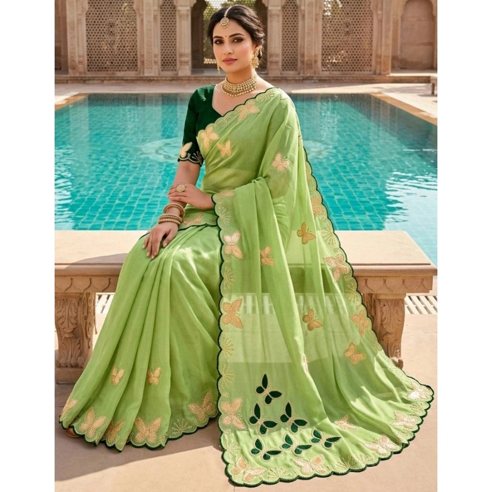 Snuggle Spot Women's Star Georgette Embellished Saree With Unstitched Blouse 5.5Mtr (Green)