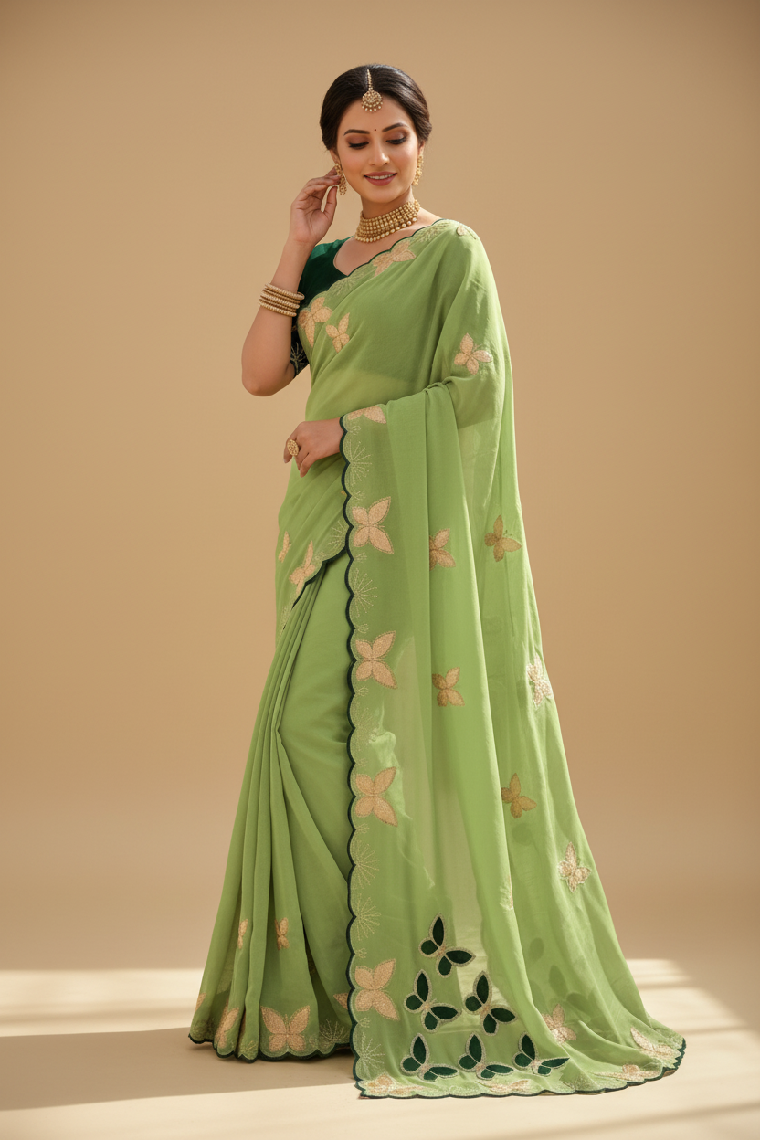 Snuggle Spot Women's Star Georgette Embellished Saree With Unstitched Blouse 5.5Mtr (Green)