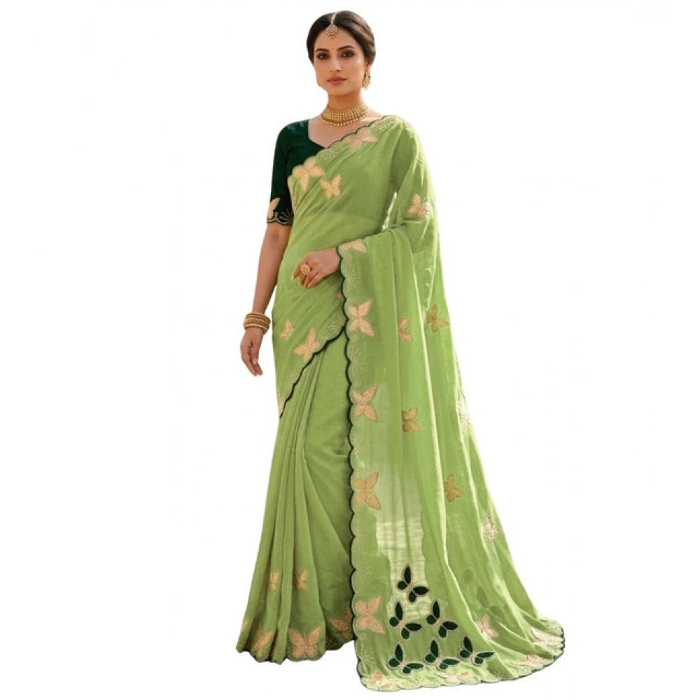 Snuggle Spot Women's Star Georgette Embellished Saree With Unstitched Blouse 5.5Mtr (Green)