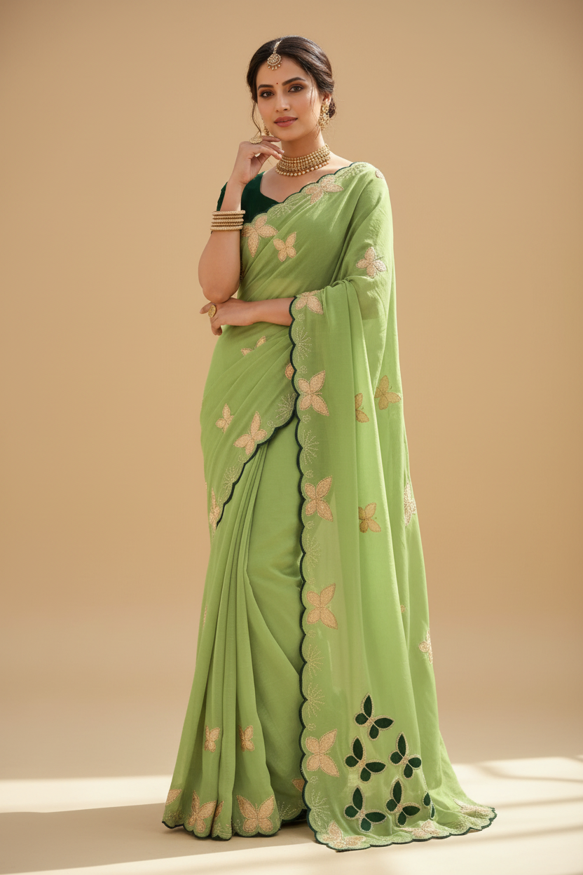 Snuggle Spot Women's Star Georgette Embellished Saree With Unstitched Blouse 5.5Mtr (Green)