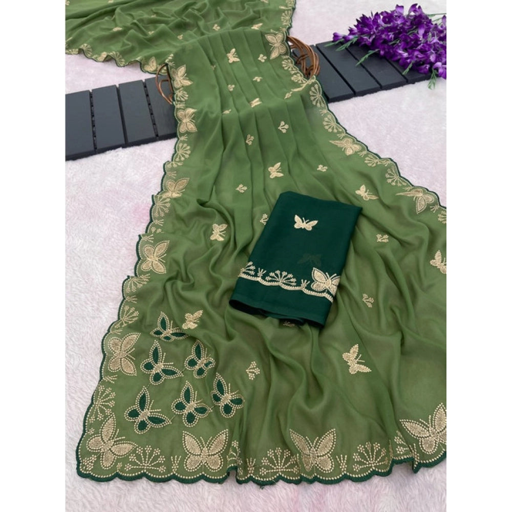 Snuggle Spot Women's Star Georgette Embellished Saree With Unstitched Blouse 5.5Mtr (Green)