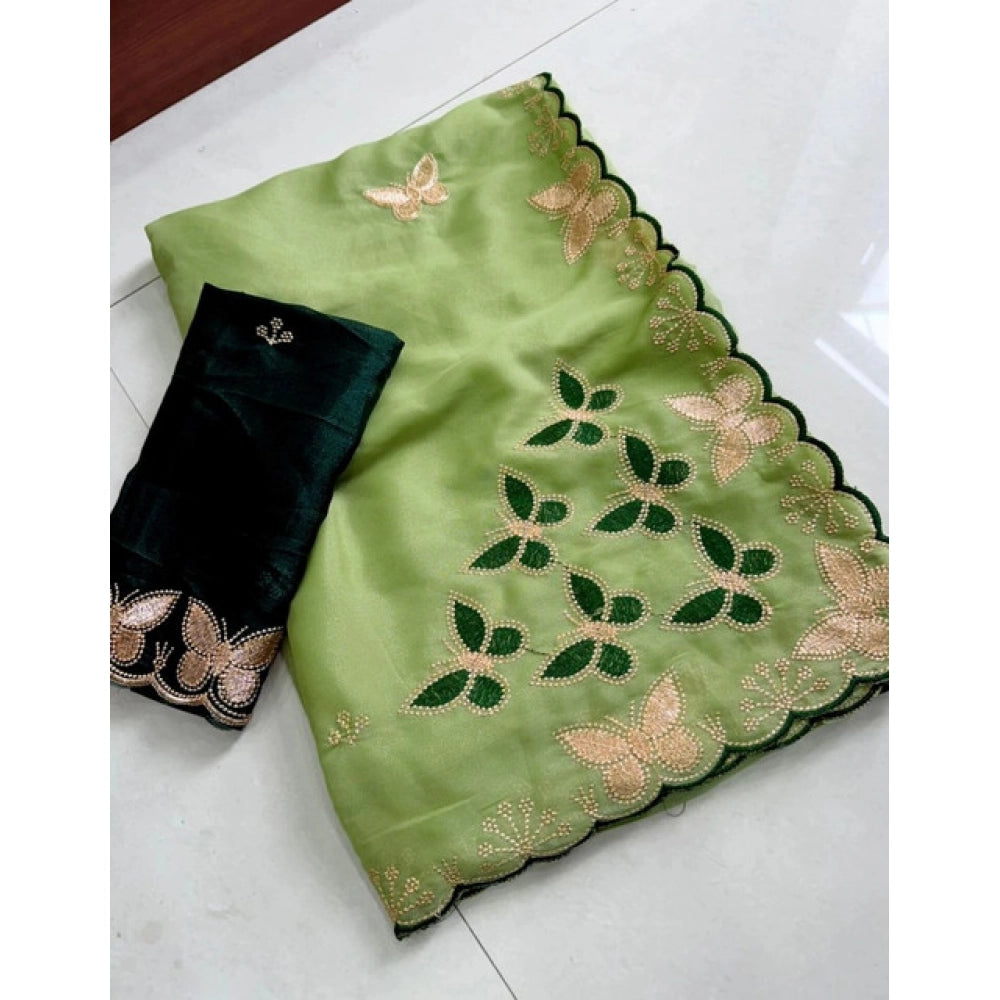 Snuggle Spot Women's Star Georgette Embellished Saree With Unstitched Blouse 5.5Mtr (Green)