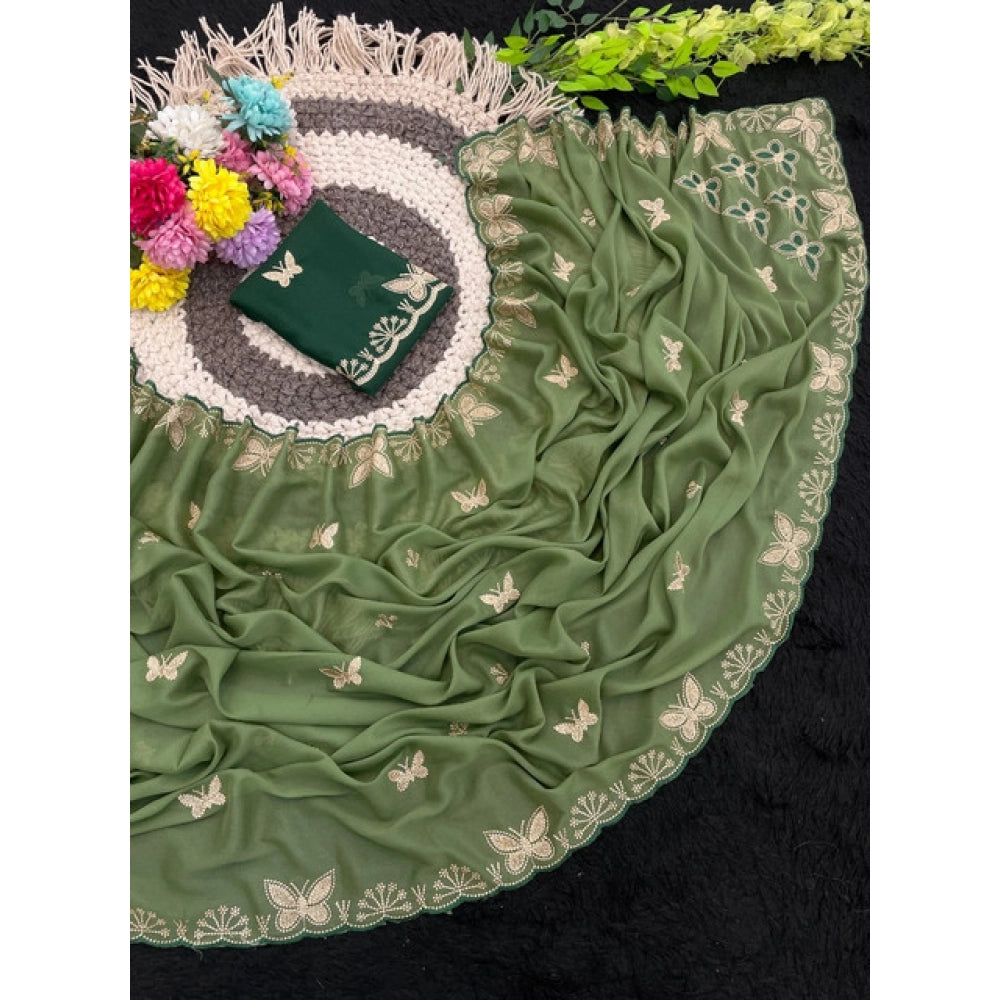 Snuggle Spot Women's Star Georgette Embellished Saree With Unstitched Blouse 5.5Mtr (Green)