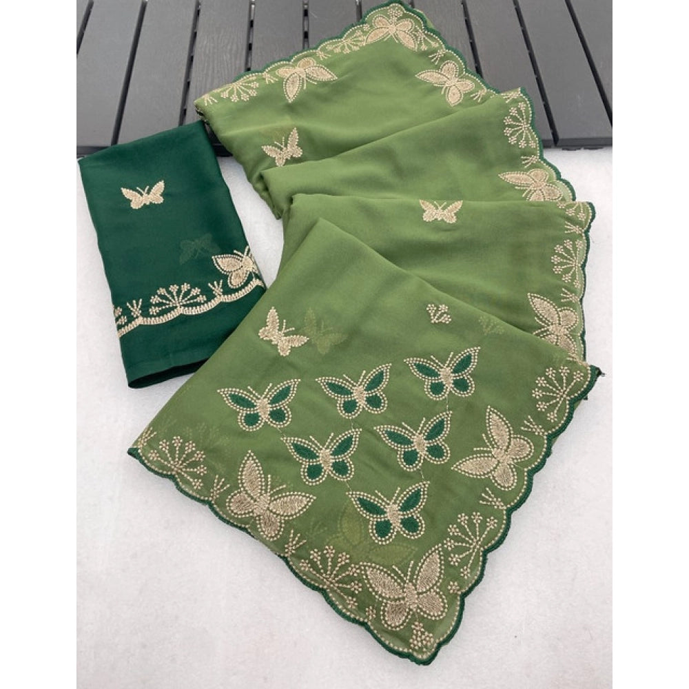 Snuggle Spot Women's Star Georgette Embellished Saree With Unstitched Blouse 5.5Mtr (Green)
