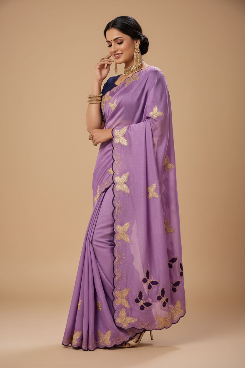 Snuggle Spot Women's Star Georgette Embellished Saree With Unstitched Blouse 5.5Mtr (Lavender)