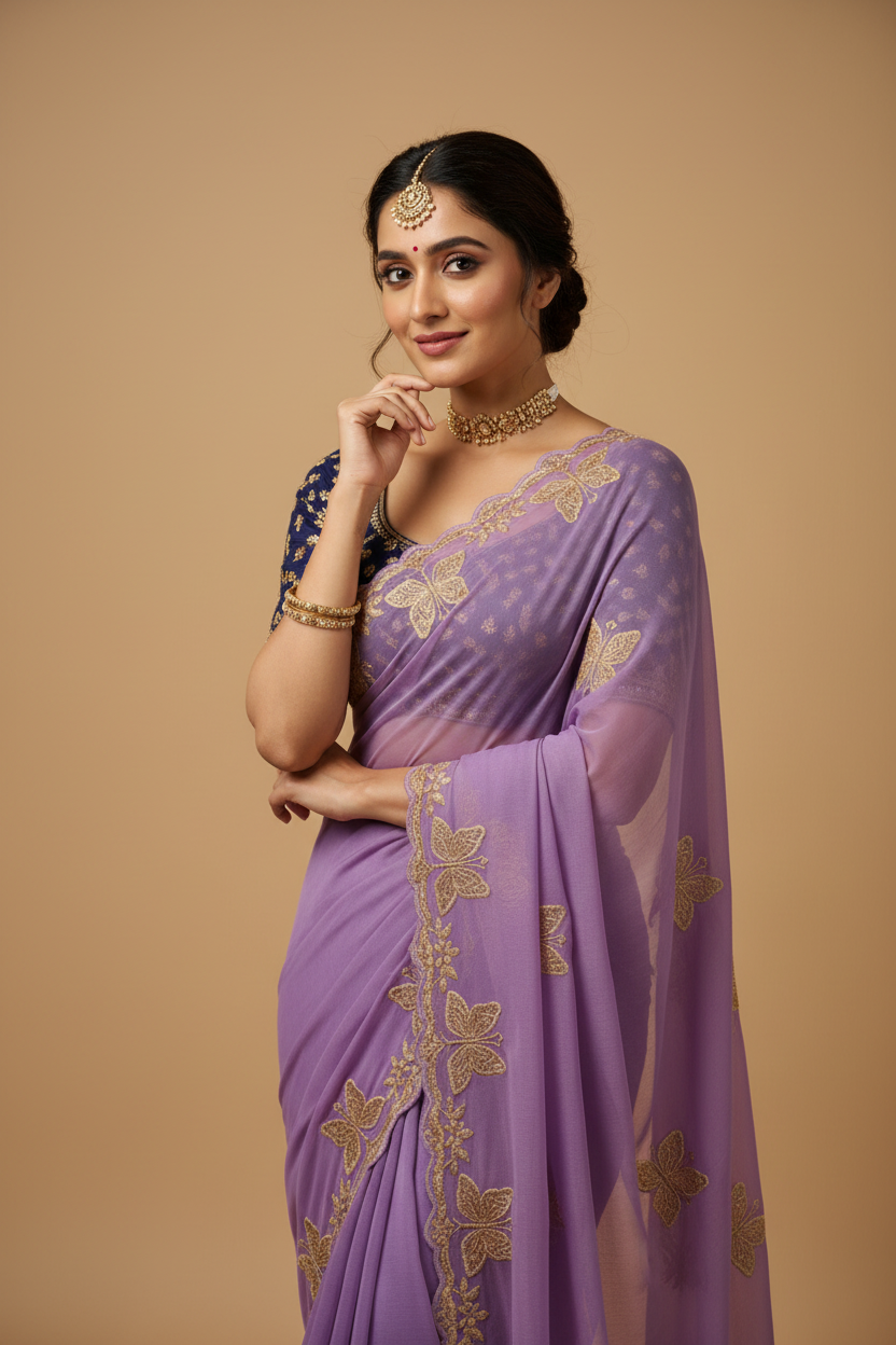 Snuggle Spot Women's Star Georgette Embellished Saree With Unstitched Blouse 5.5Mtr (Lavender)