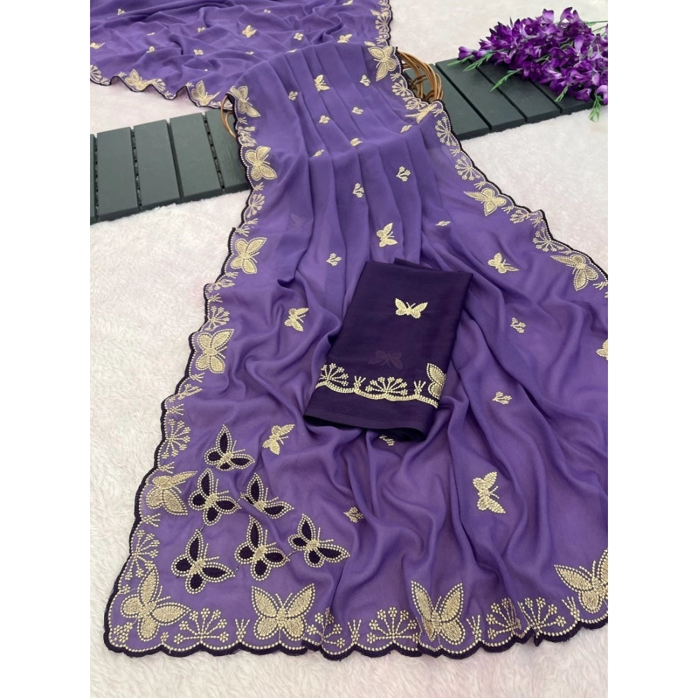 Snuggle Spot Women's Star Georgette Embellished Saree With Unstitched Blouse 5.5Mtr (Lavender)