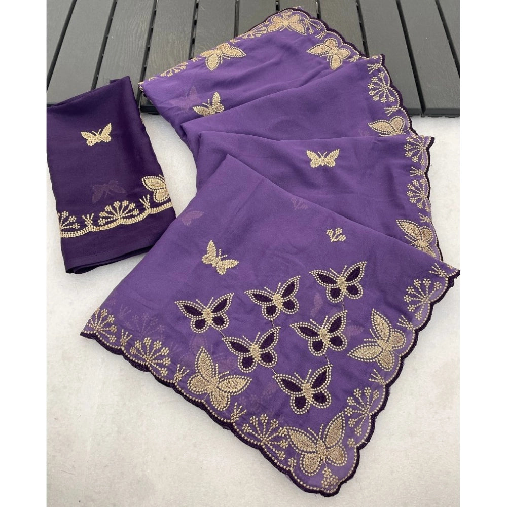 Snuggle Spot Women's Star Georgette Embellished Saree With Unstitched Blouse 5.5Mtr (Lavender)