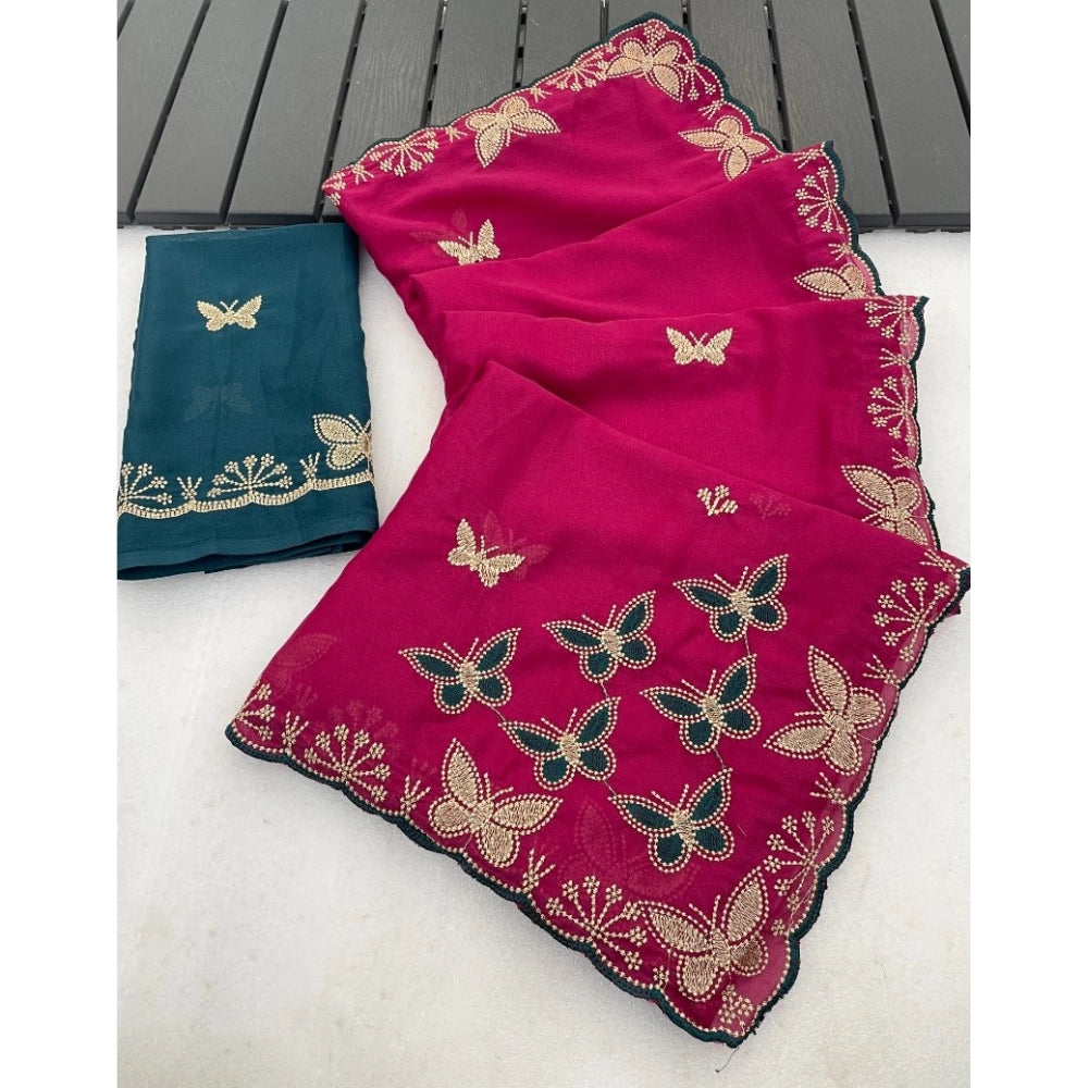 Snuggle Spot Women's Star Georgette Embellished Saree With Unstitched Blouse 5.5Mtr (Magenta-Green)