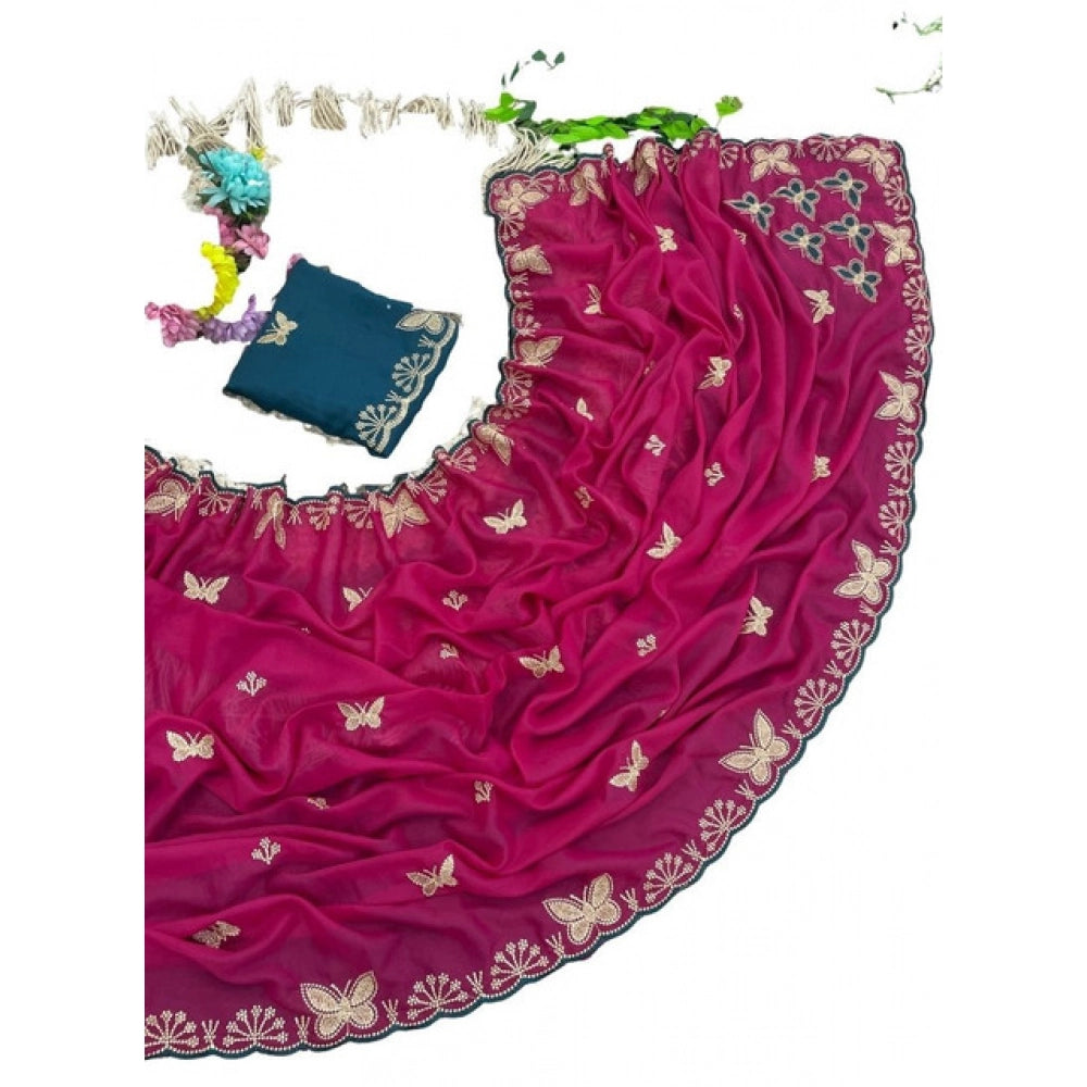 Snuggle Spot Women's Star Georgette Embellished Saree With Unstitched Blouse 5.5Mtr (Magenta-Green)