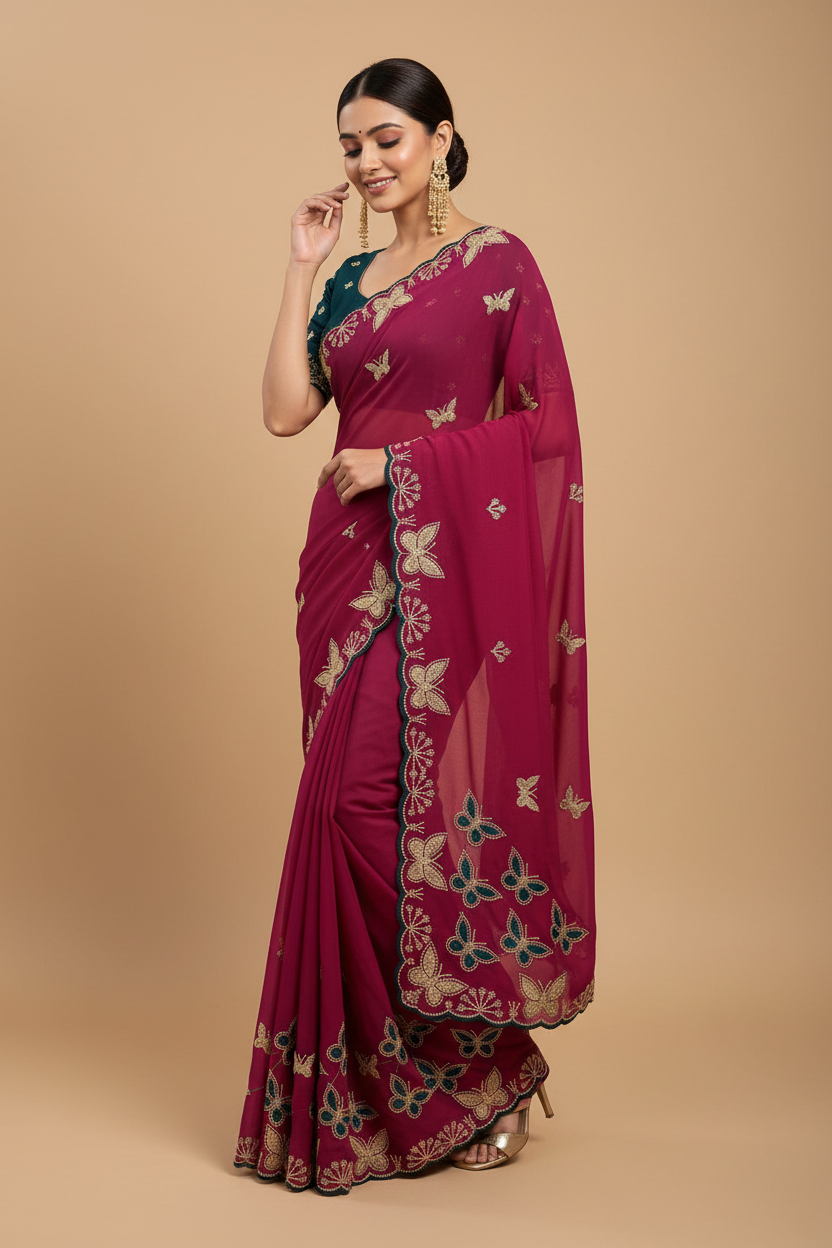 Snuggle Spot Women's Star Georgette Embellished Saree With Unstitched Blouse 5.5Mtr (Magenta-Green)