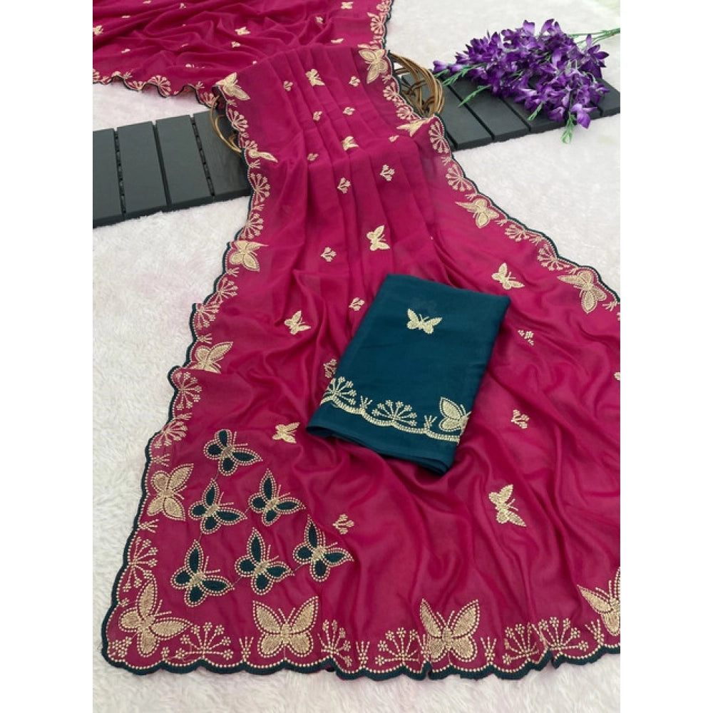 Snuggle Spot Women's Star Georgette Embellished Saree With Unstitched Blouse 5.5Mtr (Magenta-Green)