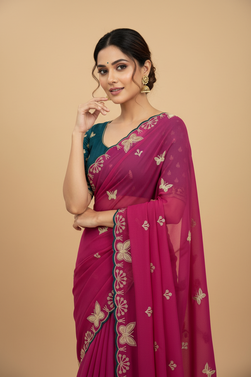 Snuggle Spot Women's Star Georgette Embellished Saree With Unstitched Blouse 5.5Mtr (Magenta-Green)