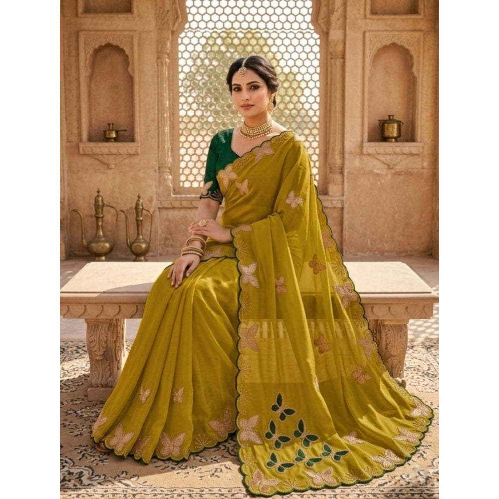 Snuggle Spot Women's Star Georgette Embellished Saree With Unstitched Blouse 5.5Mtr (Mustard)