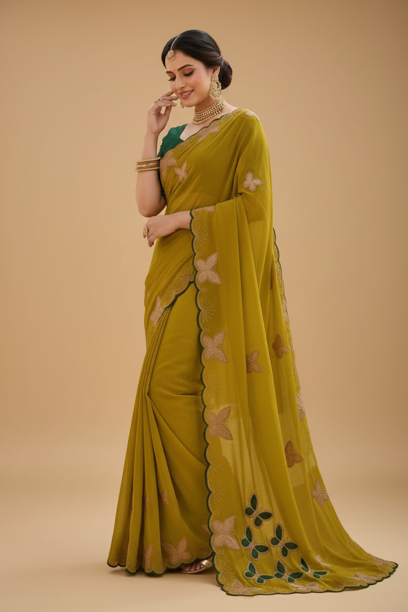 Snuggle Spot Women's Star Georgette Embellished Saree With Unstitched Blouse 5.5Mtr (Mustard)