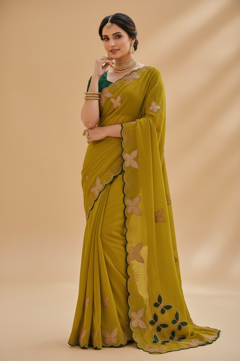 Snuggle Spot Women's Star Georgette Embellished Saree With Unstitched Blouse 5.5Mtr (Mustard)