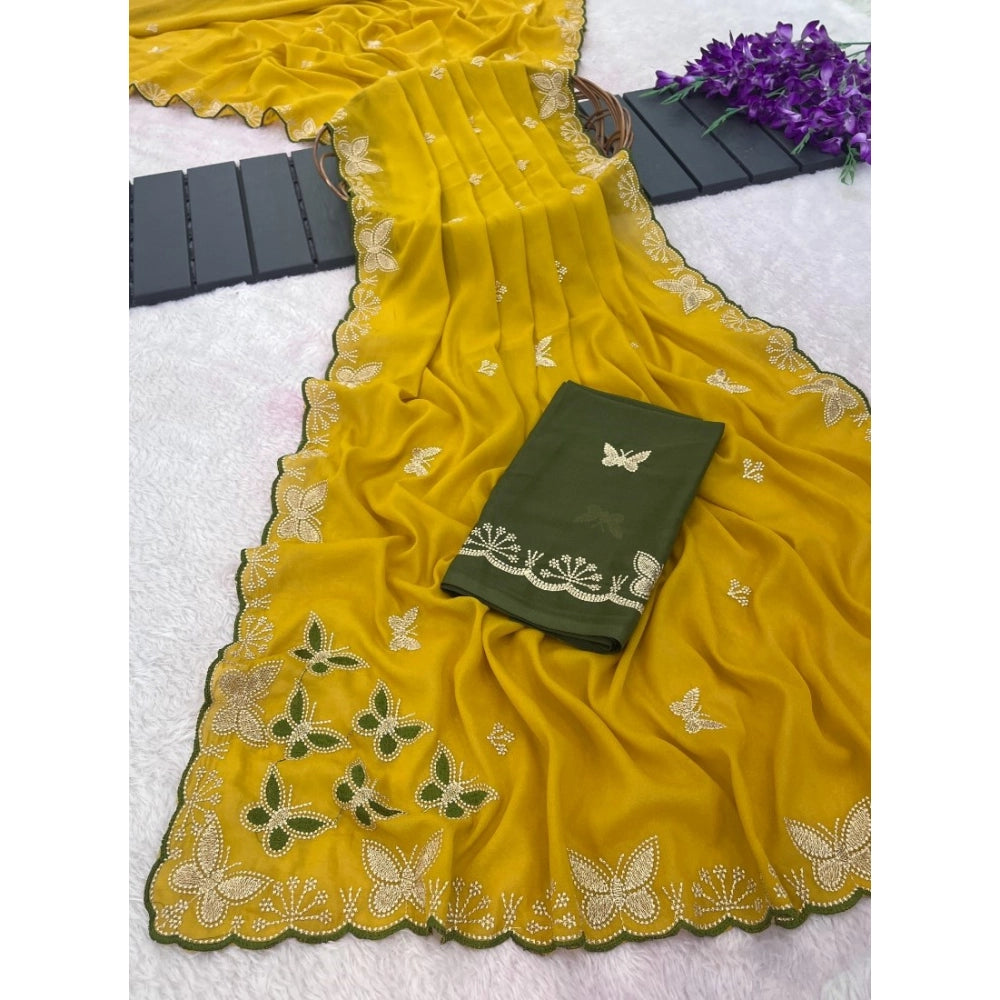 Snuggle Spot Women's Star Georgette Embellished Saree With Unstitched Blouse 5.5Mtr (Mustard)