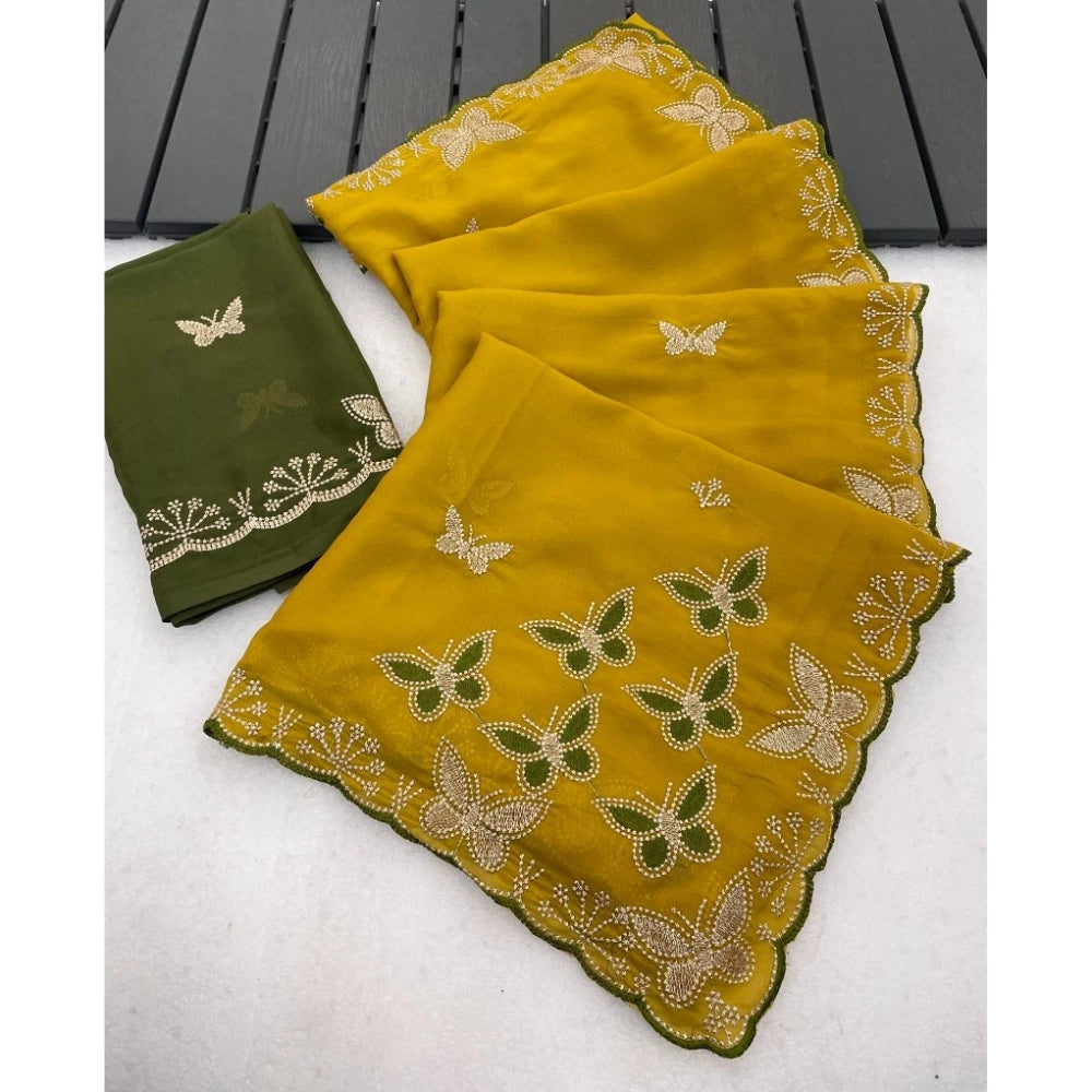 Snuggle Spot Women's Star Georgette Embellished Saree With Unstitched Blouse 5.5Mtr (Mustard)