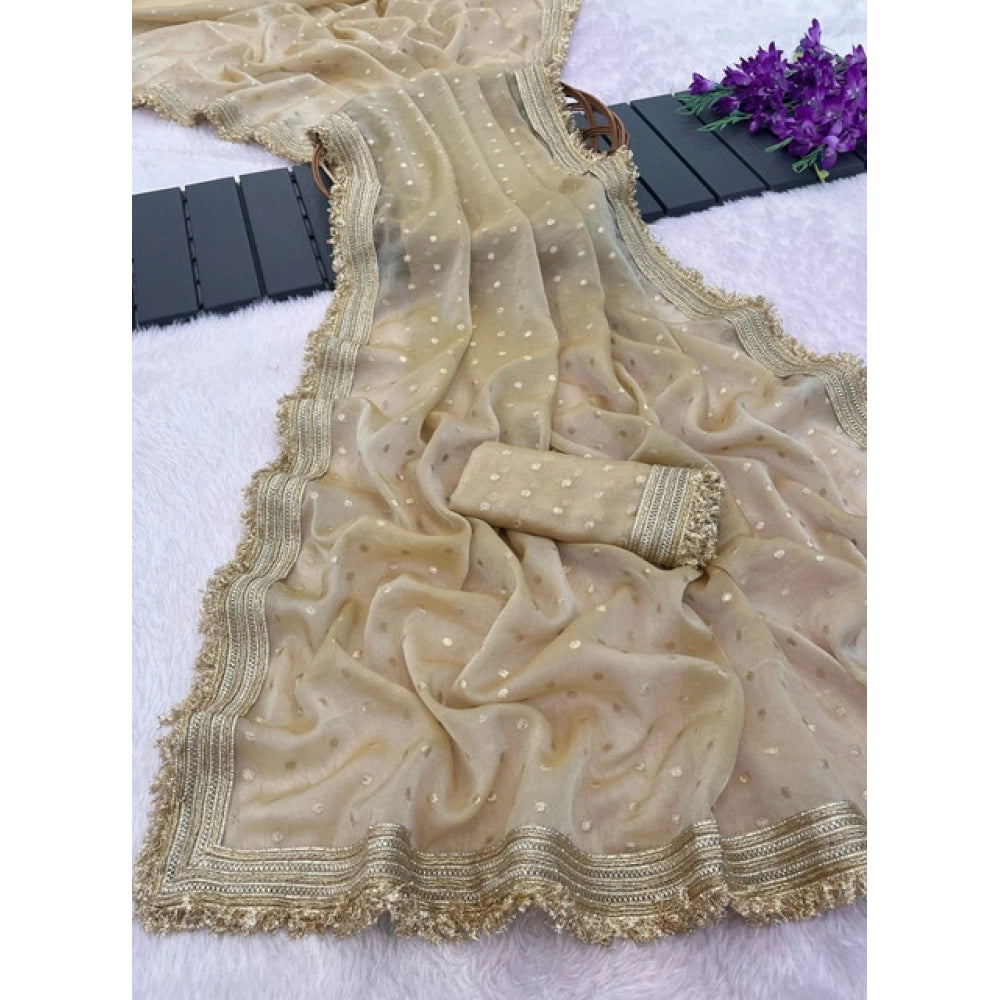 Snuggle Spot Women's Silk Embellished Saree With Unstitched Blouse 5.5Mtr (Beige)