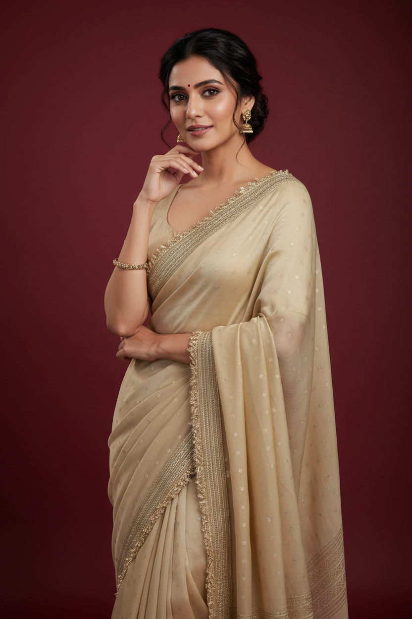 Snuggle Spot Women's Silk Embellished Saree With Unstitched Blouse 5.5Mtr (Beige)