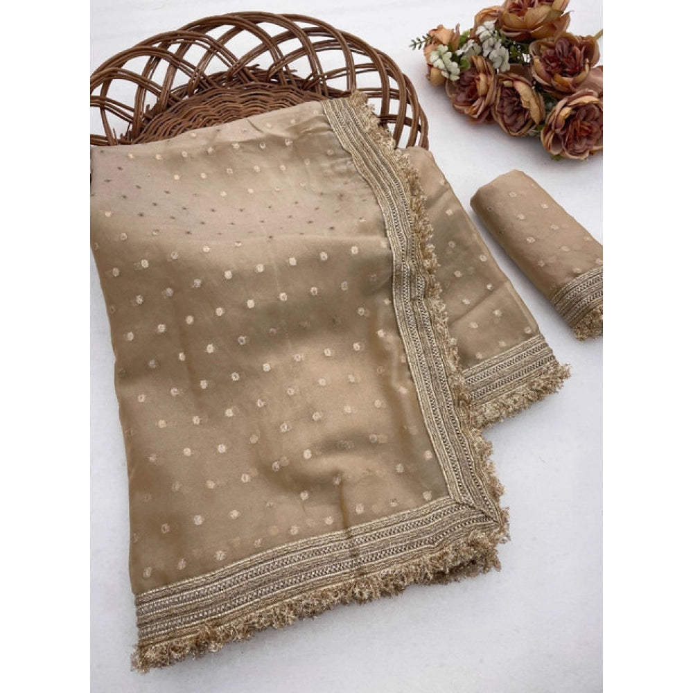 Snuggle Spot Women's Silk Embellished Saree With Unstitched Blouse 5.5Mtr (Beige)